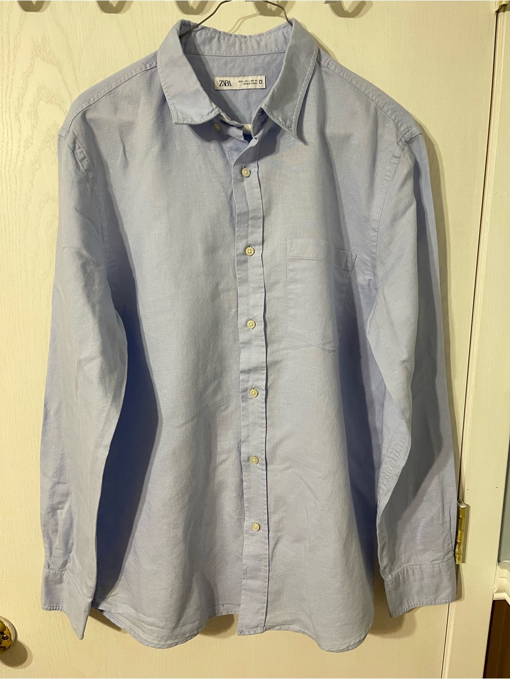 Zara Blue Linen Button-Up Shirt